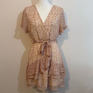 Altar’d State Floral Ruffle Dress Pink Ruffle Wrap Style Tie Waist — Size Large